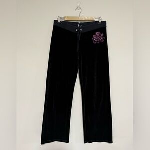 Juicy Couture Black Velour Wide Leg Pants Pink Crest Y2K Size Medium